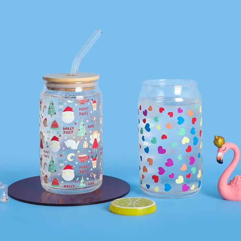 16oz glass can with bamboo lid and Straw