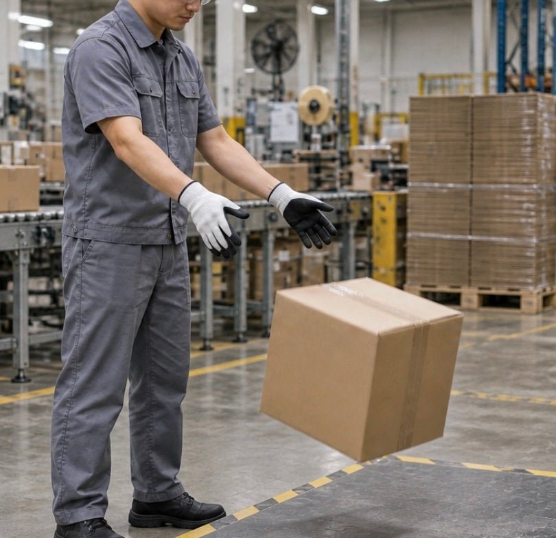 ISTA certified drop tester releasing master carton from 1 meter height on steel impact floor