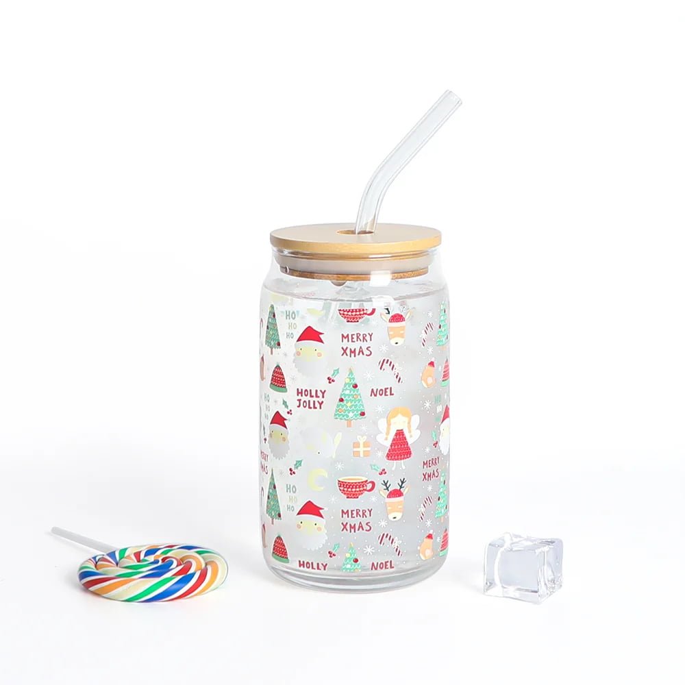 16oz glass can with bamboo lid and Straw