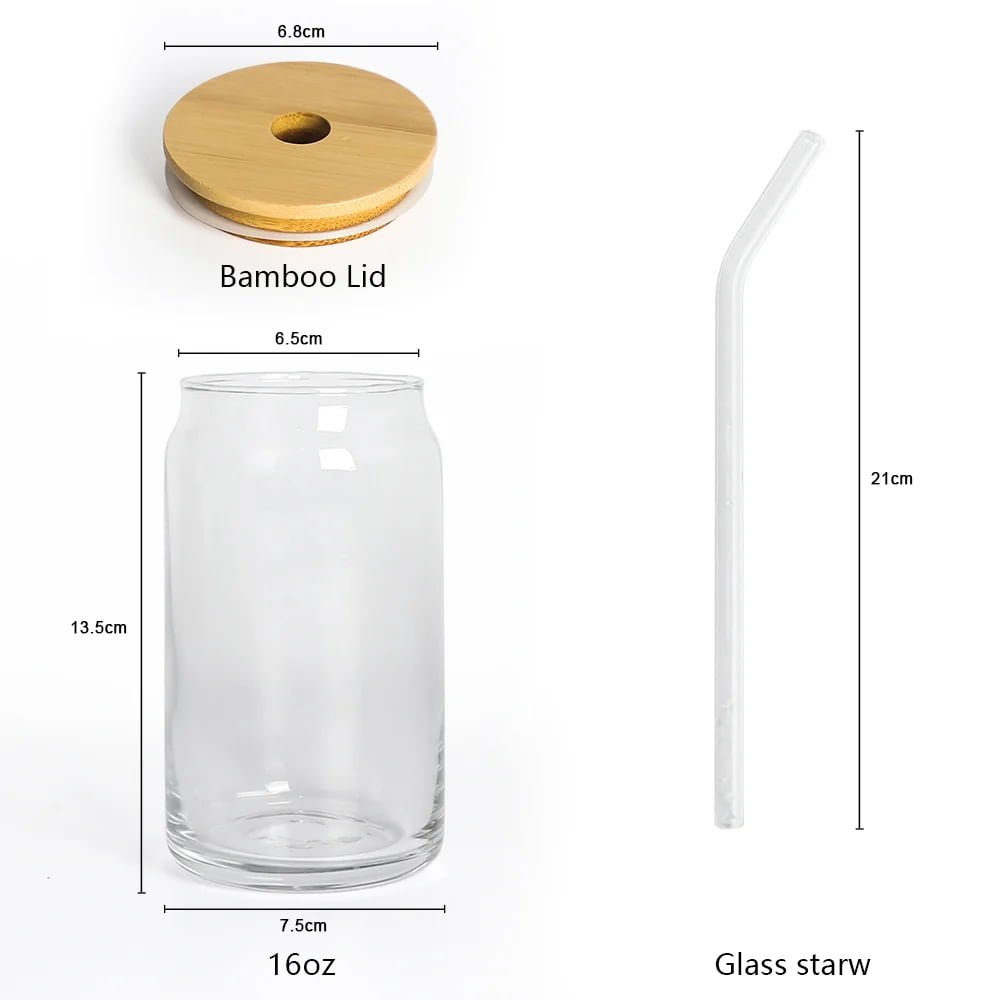16oz glass can with bamboo lid and Straw